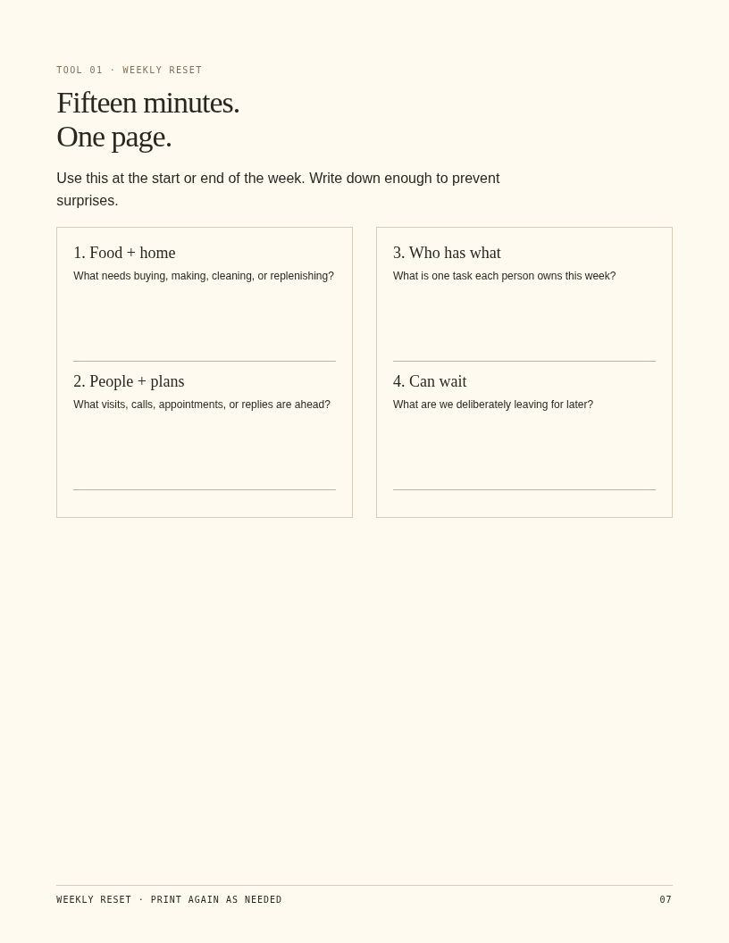 Blank Weekly Reset worksheet with sections for food, plans, task owners, and items that can wait