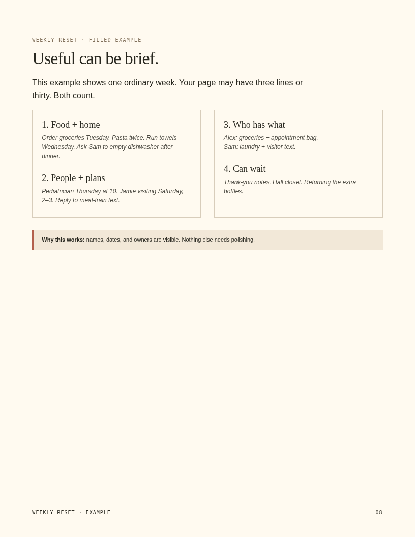 Filled Weekly Reset example showing groceries, an appointment, task owners, and items that can wait